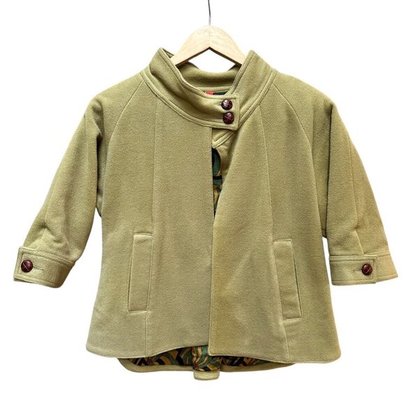 Lambswool Cape-Like Coat With‎ Leather Button Closure Pockets Patterned Lining M - Picture 1 of 8